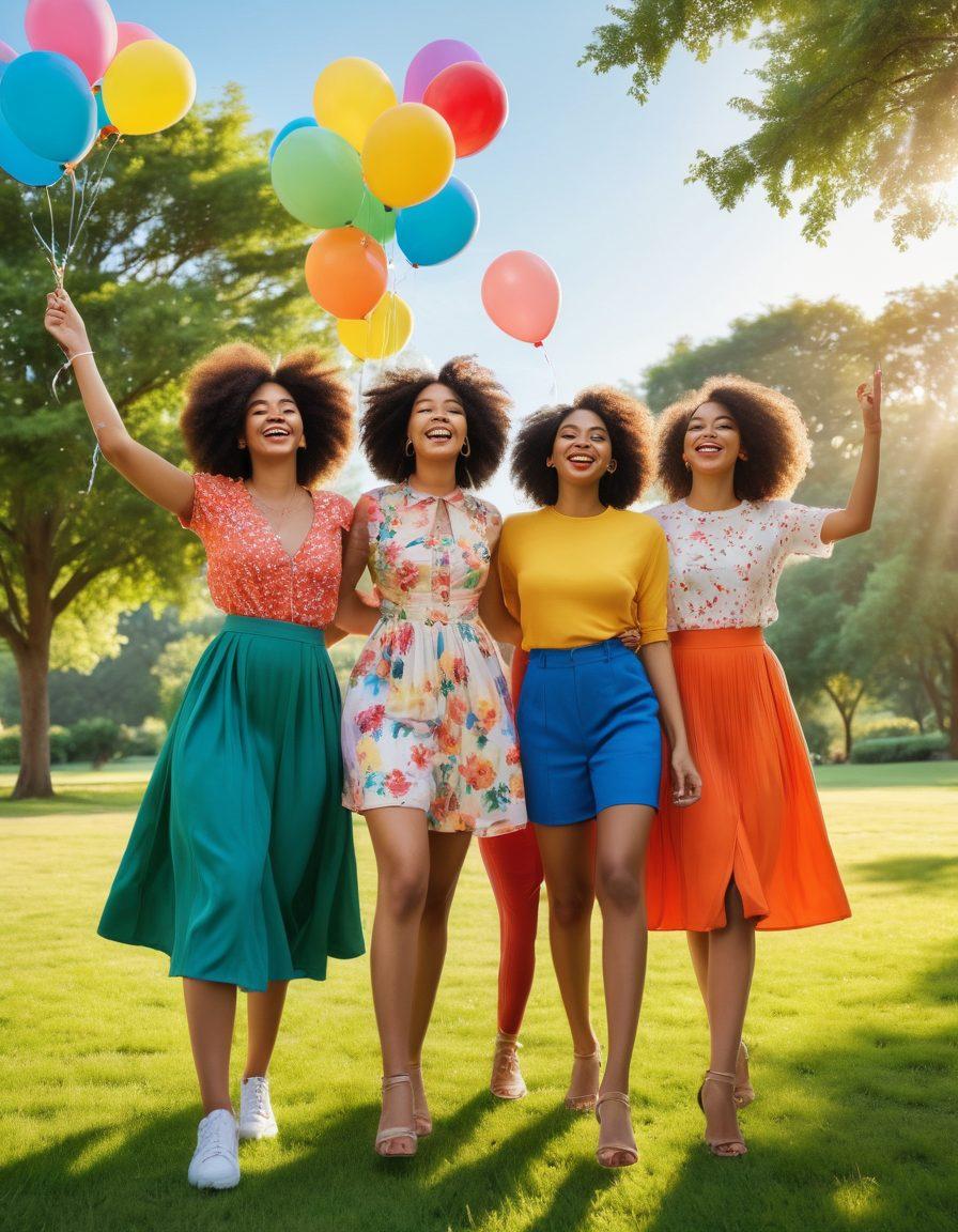A diverse group of empowered young women of varying ethnicities standing united in a lush green park, sharing laughter and joy. They are dressed in vibrant, stylish outfits symbolizing individuality and sisterhood. The background showcases blooming flowers and a clear blue sky, while a soft glow of sunlight envelops them in warmth. Celebratory elements like confetti or colorful balloons float around, enhancing the joyful atmosphere. digital illustration. vibrant colors. airy and bright.