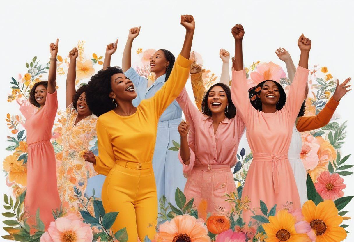 A vibrant collage depicting diverse women of various backgrounds celebrating achievements together. Include symbols of empowerment like raised fists, books, and art tools, intertwined with floral motifs to signify growth. The scene should radiate joy and unity, with warm colors to evoke positivity. super-realistic. vibrant colors. white background.