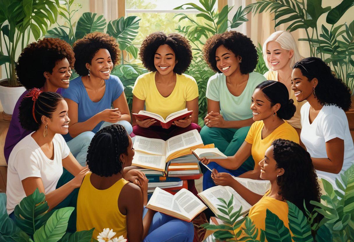 A diverse group of women of different backgrounds, ages, and styles gathered in a cozy circle, engaged in a supportive conversation. They are surrounded by symbols of empowerment, such as books, plants, and soft lighting creating a warm atmosphere. Each woman is smiling, showcasing camaraderie and strength. The scene captures the essence of friendship, support, and growth among women. vibrant colors. cozy atmosphere. painting.